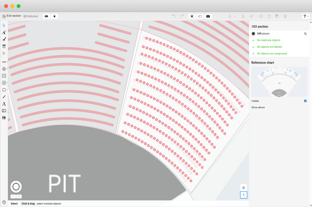 Big Tickets reserved seating interface with interactive seat map